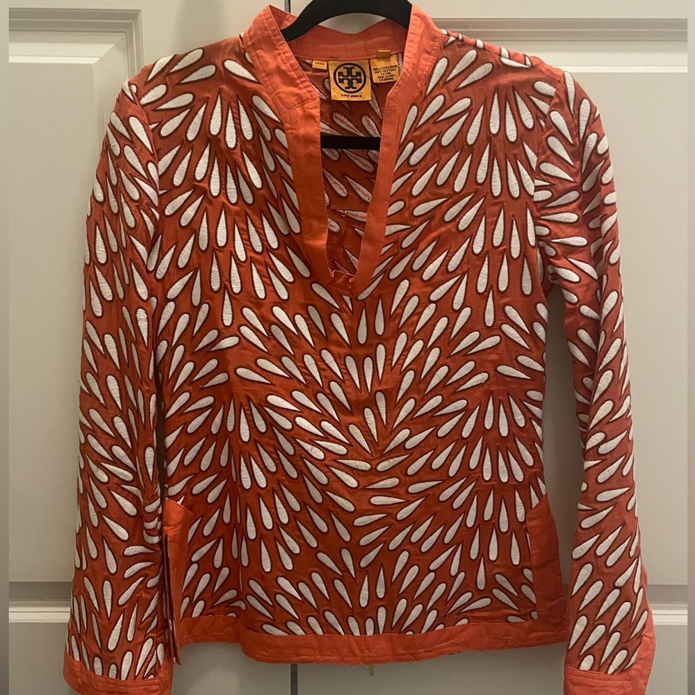 Tory Burch Orange White Embroidered Tunic Top